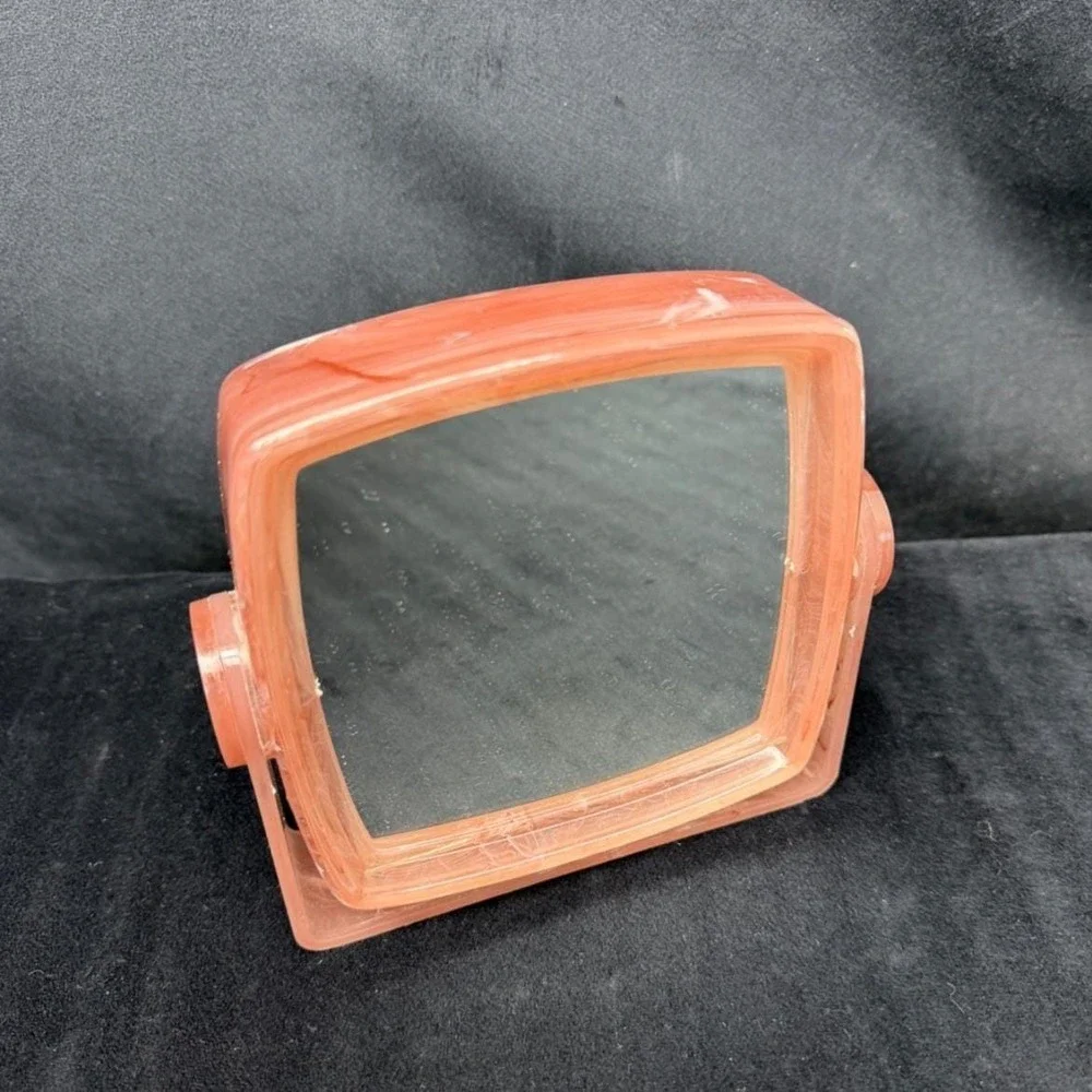 Vintage 80's Vanity Mirror Pink Marble Lucite Plastic Magnifying Swivel Retro